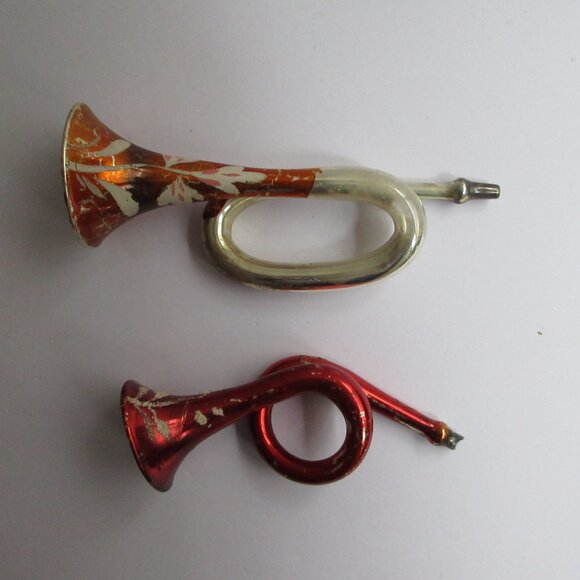 2 Hand Blown Glass Christmas Ornament Trumpet French Horn Bugle Vtg Missing Cap - Picture 1 of 16